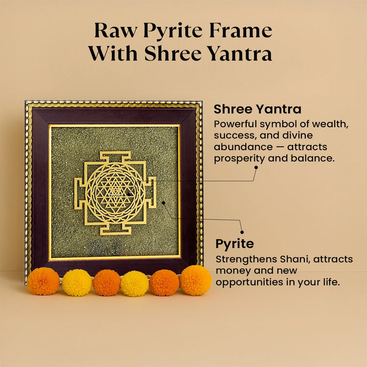 Shree Yantra with Raw Pyrite Frame + FREE 7 Mukhi Rudraksha