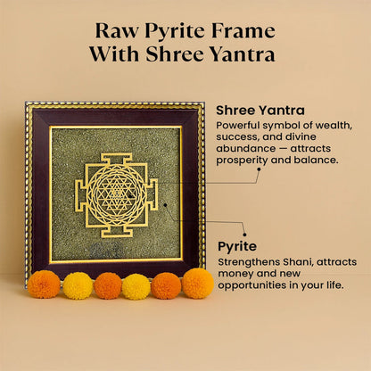 Shree Yantra with Raw Pyrite Frame + FREE 7 Mukhi Rudraksha