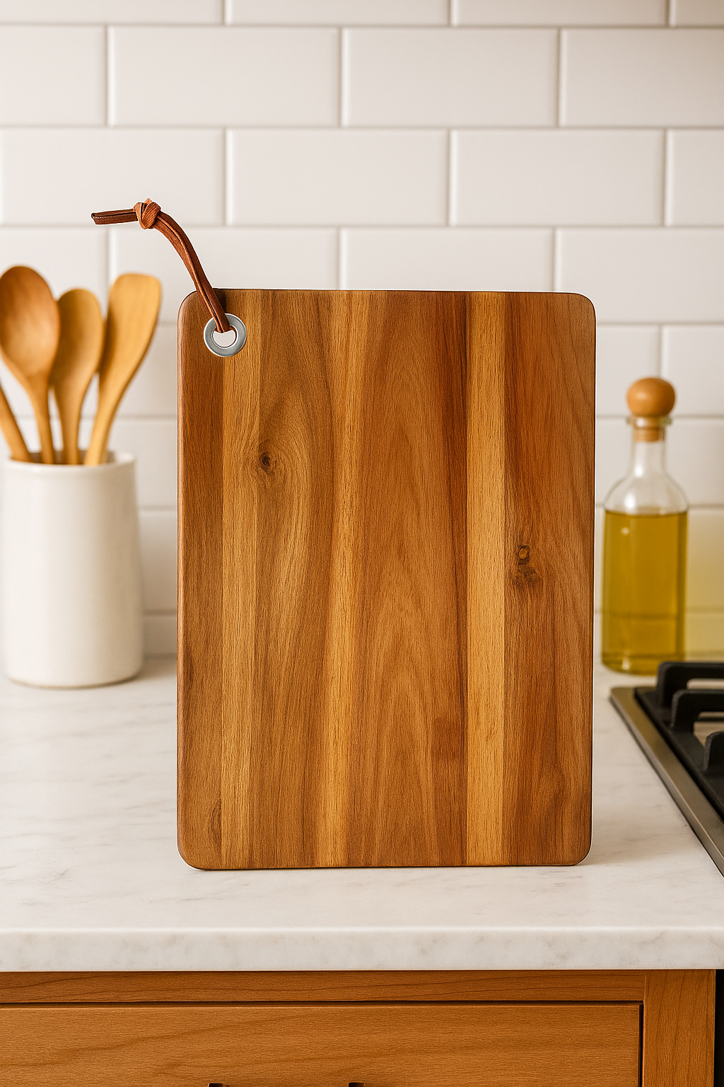 Natural acacia wood cutting board in a kitchen