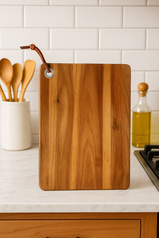 Natural acacia wood cutting board in a kitchen