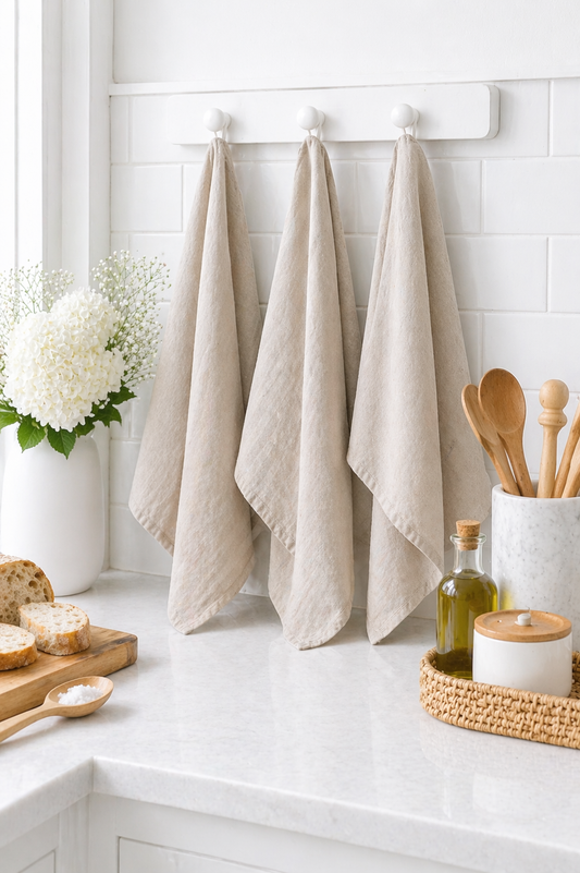 Natural linen tea towels in a kitchen