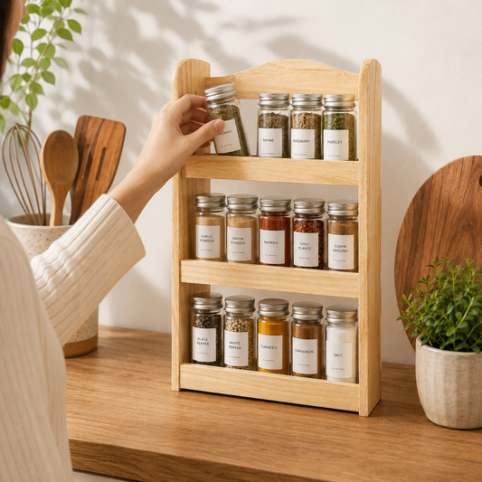 Three-tier wooden spice rack